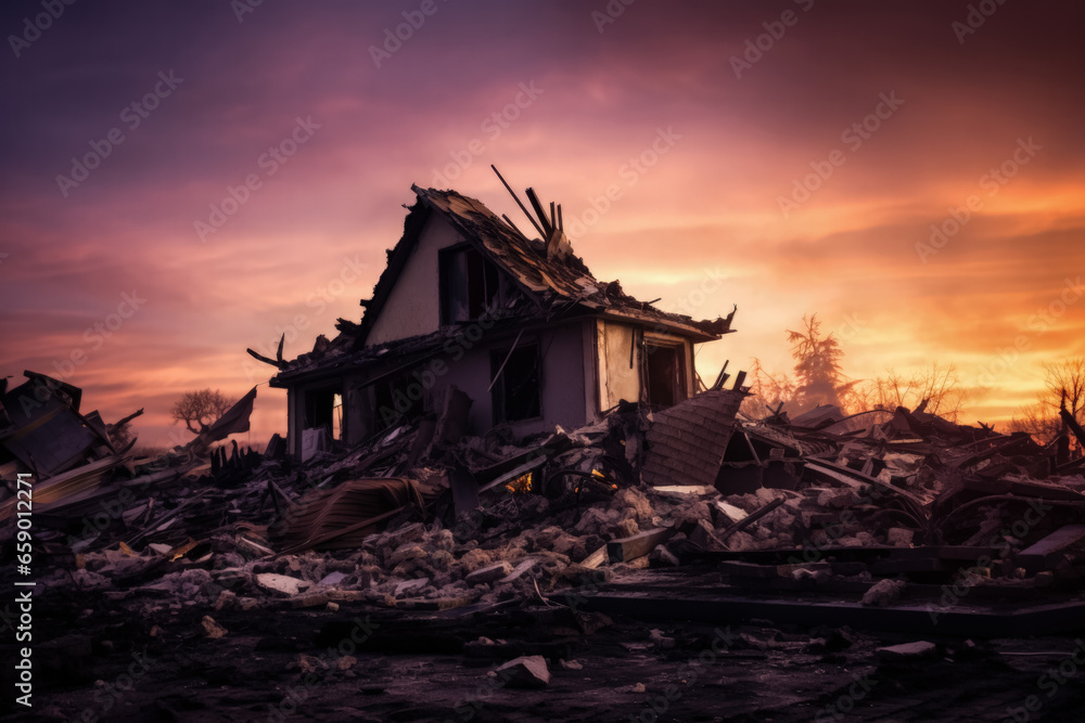 Destroyed single-family home aftermath isolated on a gradient dusk background Destroyed single-family home aftermath isolated on a gradient dusk background