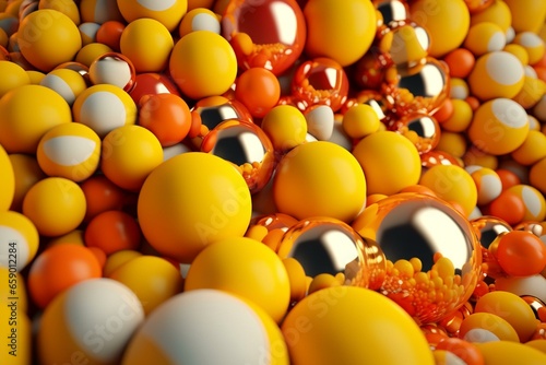 Abstract wallpaper with yellow and orange 3D spheres, a multicolored 3D render. Generative AI