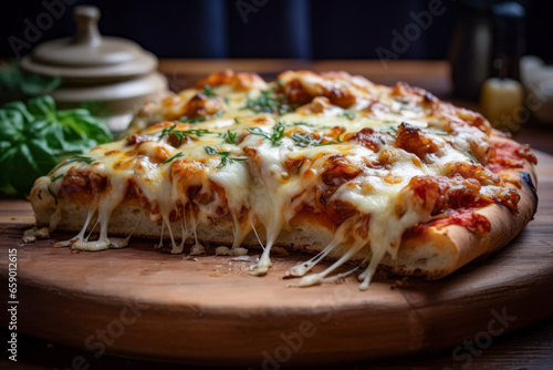 Close up of hot italian pizza with sticky cheese on wooden table in background of dark pizza store. Lifestyle concept for holidays and vacation.