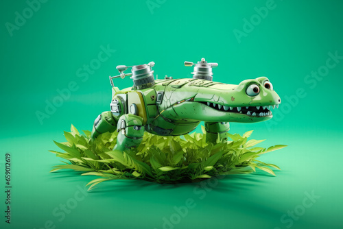 Robotic alligator drones studying swamp flora isolated on a green gradient background 