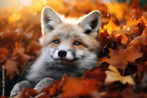 red fox runs through the orange autumn leaves in forest 