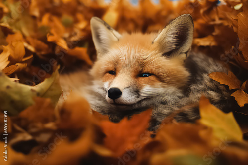 red fox runs through the orange autumn leaves in forest,