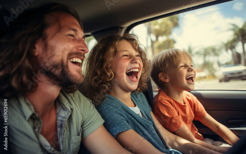 Family father and two daughters travel together by car and have fun © perfectlab