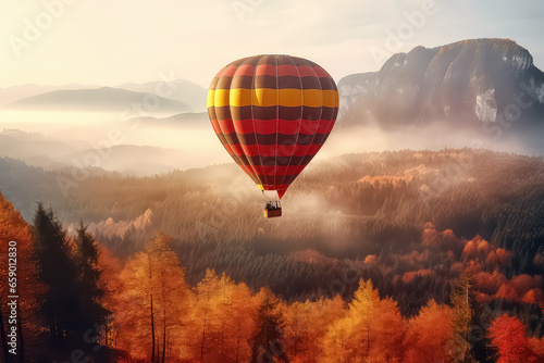 Hot r balloon over autumn forest in sunlight 