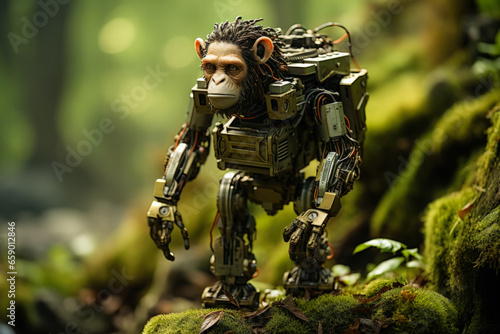Robotic monkey prototype trekking through jungle isolated on a green gradient background 