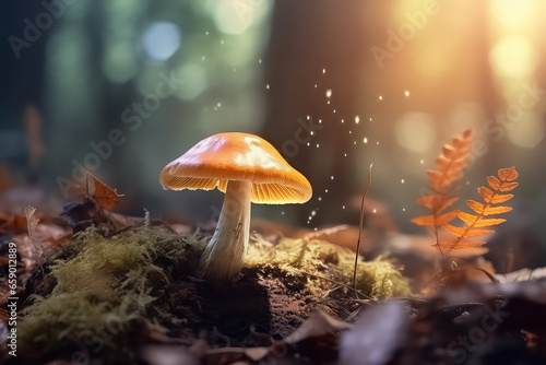 Mushroom on a background of red and yellow leaves.