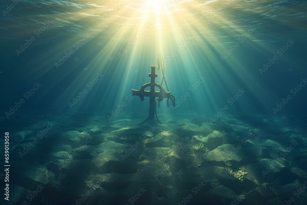 Illustration of ancient anchor at ocean bottom with sunlight filtering through water. Underwater sunbeams and caustics. Generative AI - obrazy, fototapety, plakaty 