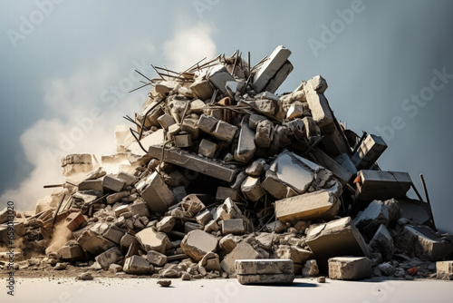 Rubble of a demolished building isolated on a gradient gray background 