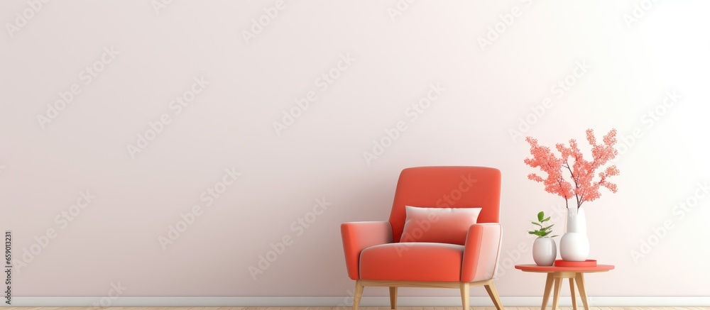 Contemporary living room with vintage coral armchair and wood table in white space