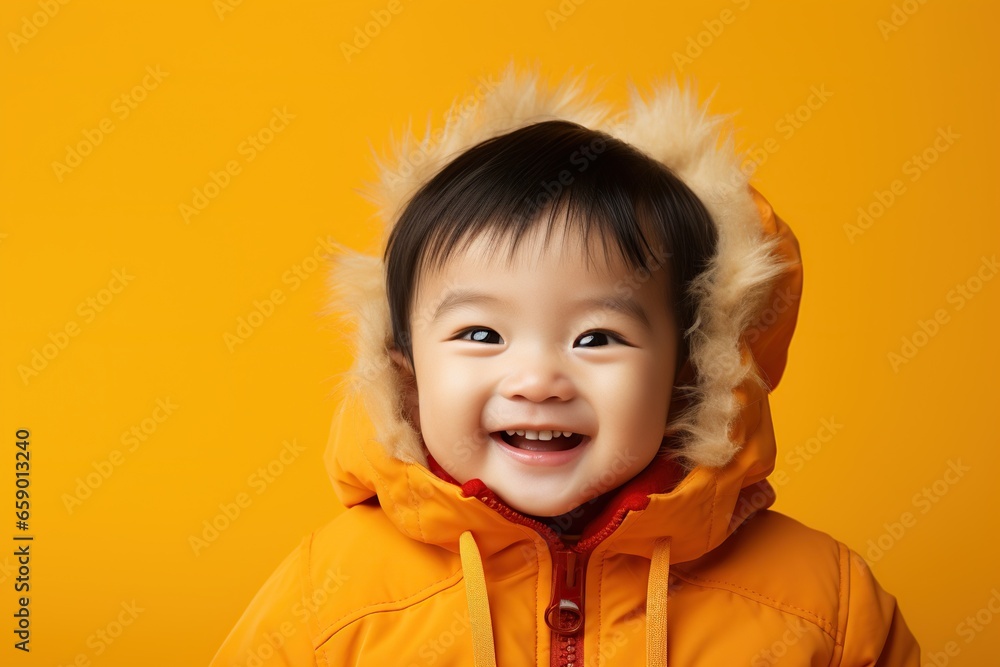Portrait of happy asian baby in color clothing on orange background
