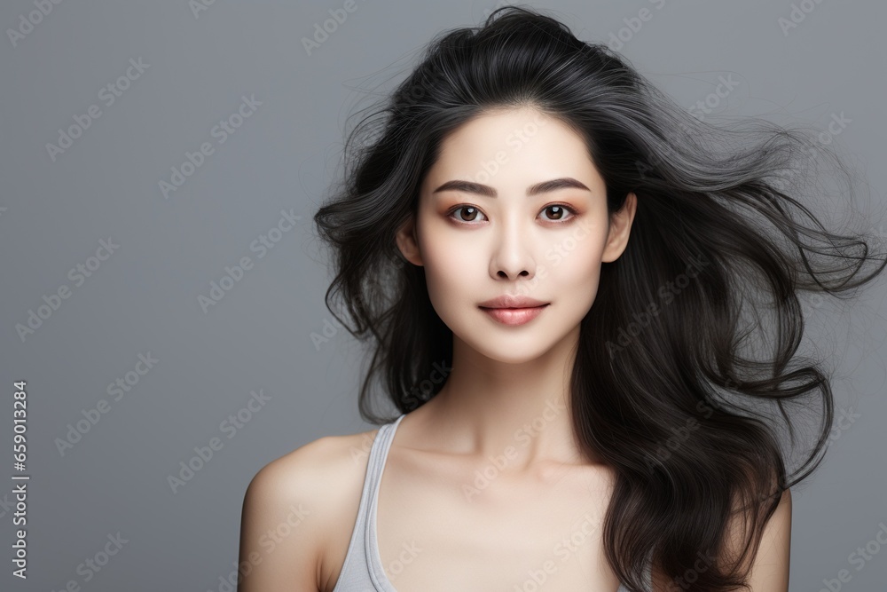Korean, Chinese or Japanese Beautiful aging young looking woman, beauty, health skin care, on gray background