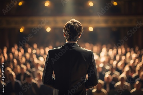 A man in a business suit is giving a speech on the stage in front of the audience in the background.