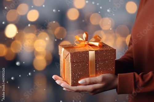 Closeup of a woman holding a gift box in the blurry background, side view