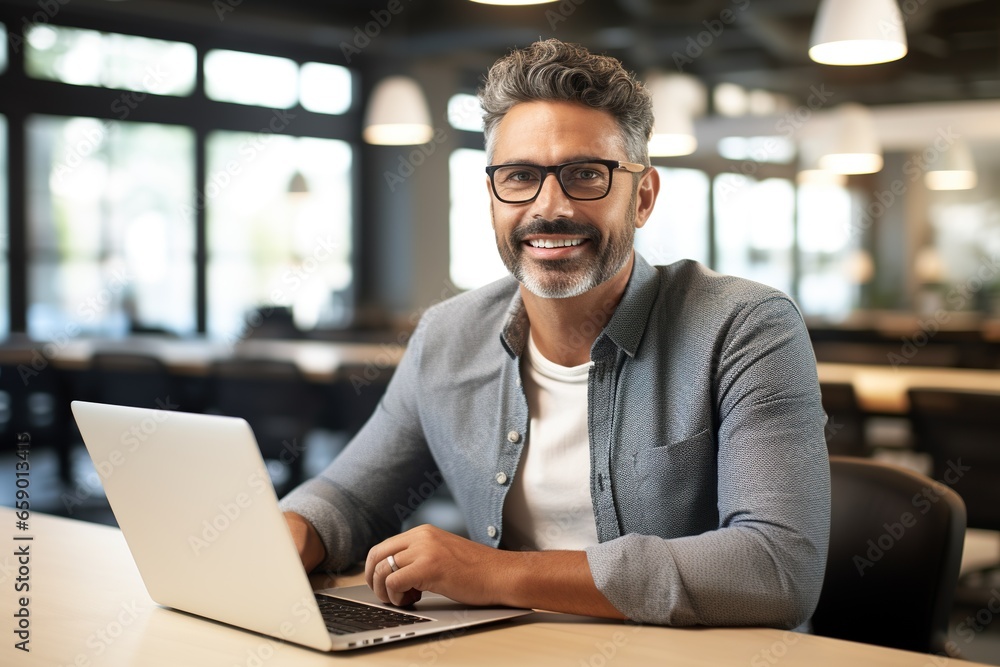 Portrait of middle-age smiling handsome business man using laptop computer, typing, working in modern office looking at camera Portrait of middle-age smiling handsome business man using laptop computer, typing, working in modern office looking at camera