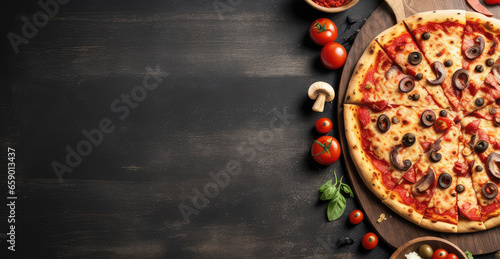 Delicious pizza with anchovies, olives, mushrooms, mozzarella, and other ingredients on a wooden board over a dark black backdrop. Text copy space, banner design, and traditional Italian cuisine are