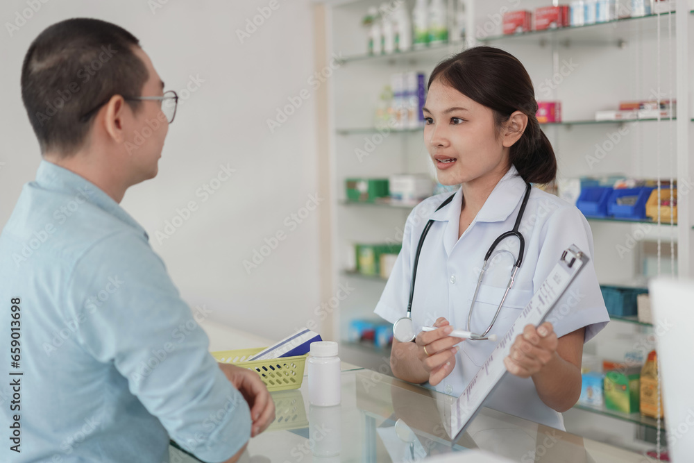 Medicine and health concept, Pharmacist explain prescription and side effect of medicine to client Medicine and health concept, Pharmacist explain prescription and side effect of medicine to client