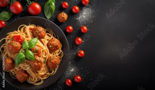 Italian meatballs and spaghetti with herbs and basil garnish set on blackboard. A delicious plate of pasta from Italy on a dark wood counter. Top view. Copy space for text, advertising, message, logo