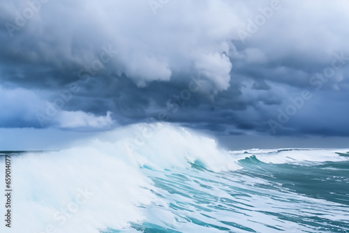 Big waves in the ocean and dark rain clouds.