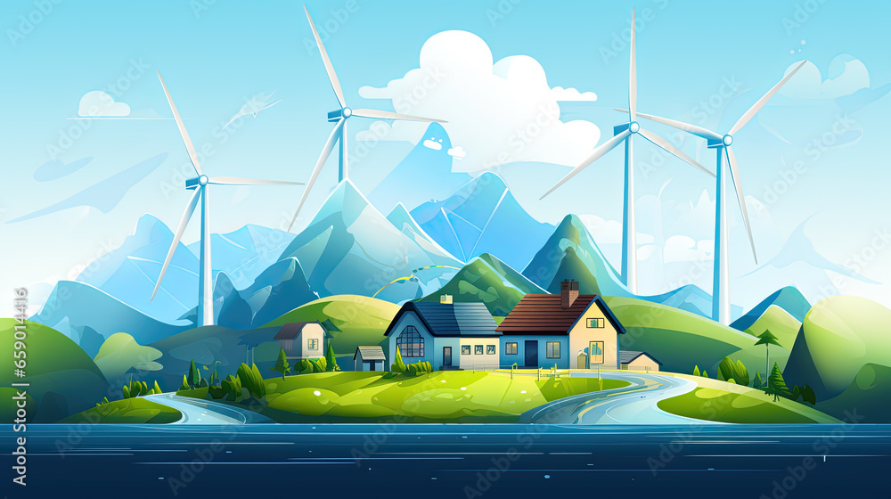 Obraz premium Nature landscape with wind turbines, house, road and mountains. Eco friendly house with windmills in the field. Clean electricity and Ecology concept, Graphic design style for websites.