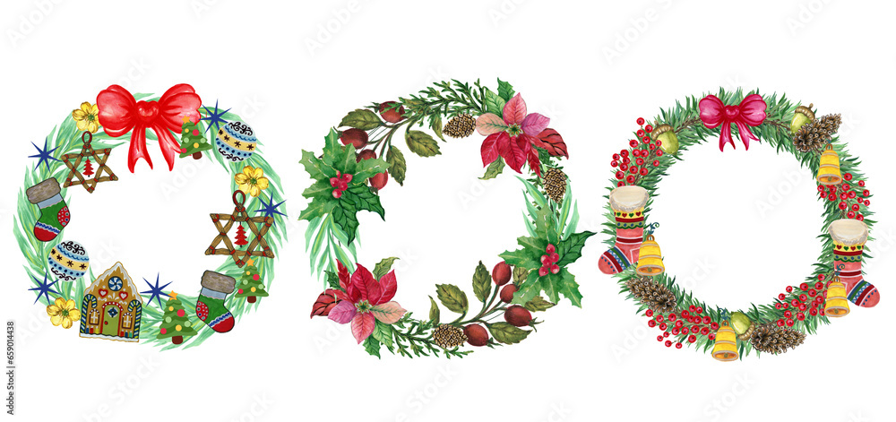 Holiday Template Wreath christmas festival watercolor garland evergreen painting drawing illustration for invitation greetings