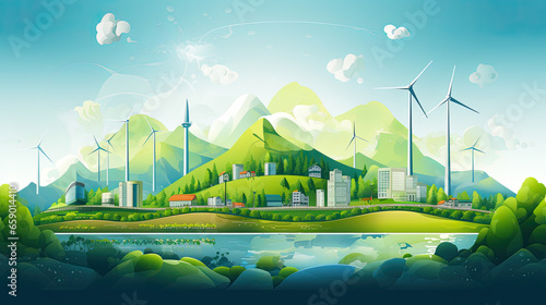Nature landscape with wind turbines, house, road and mountains. Eco friendly house with windmills in the field. Clean electricity and Ecology concept, Graphic design style for websites.