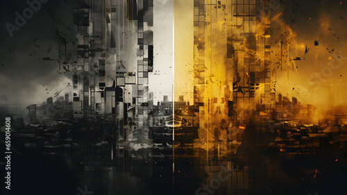 Futuristic banner of digital art. Landscape of city with skyscrapers in grey and gold.
