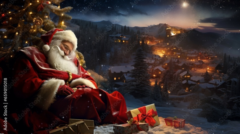 Santa Claus sleeps in the snow with presents and gifts over the small town or village in romantic xmas mood , landscape in HD lights as wallpaper or post card