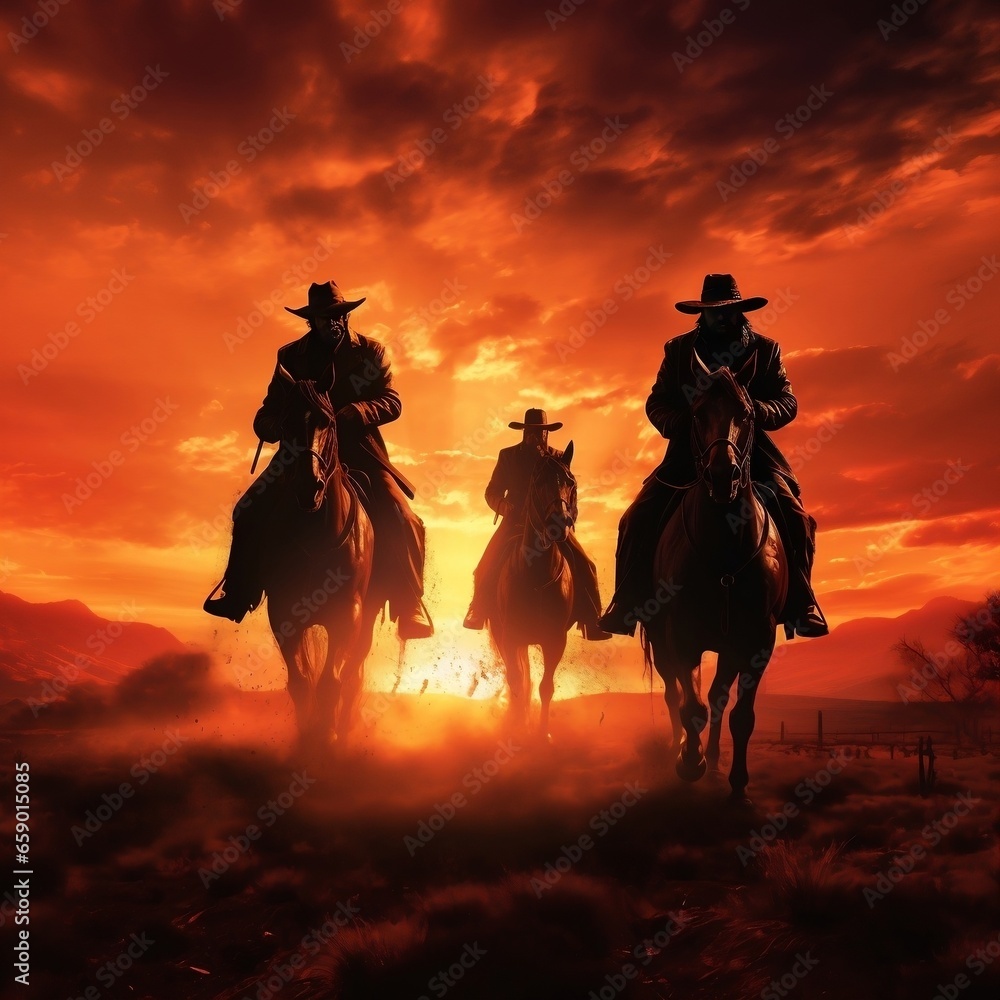 Western horsemen on sunset backgrounds