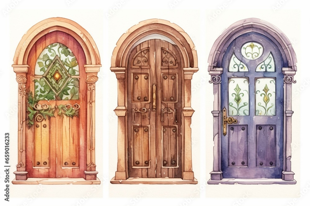 Hand-painted watercolor vintage door illustration. Generative AI