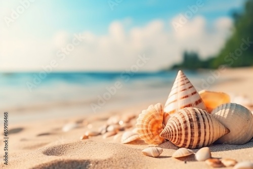 Sea shells on sandy beach. Tropical beach with shells on sand. Summer holiday vibes. Post-processed. Generative AI