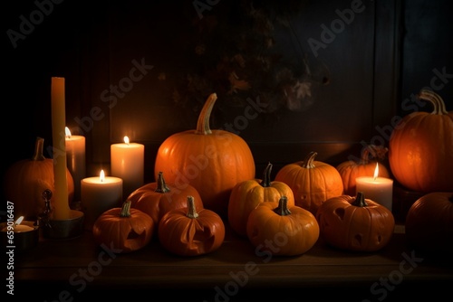 A lineup of pumpkins and lit candles. Generative AI