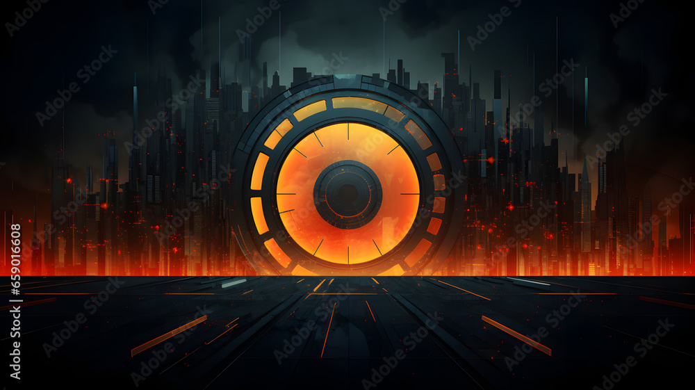 Futuristic banner of digital art. Speaker background and light effect, cyberpunk style background material with a sense of technology. Outline of city skyscrapers behind.