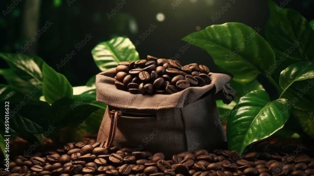 Beautiful light, the vigor of coffee beans, among coffee bushes, open bag with coffee beans slices of green leaves Beautiful light, the vigor of coffee beans, among coffee bushes, open bag with coffee beans slices of green leaves