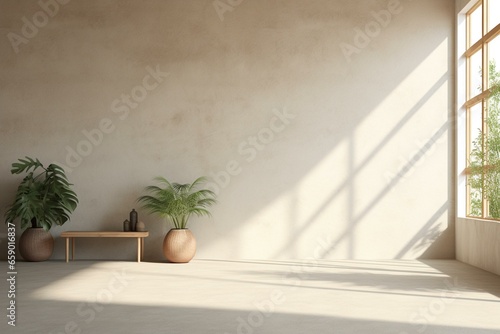 Simple room with light colors, concrete floor, sunlight, warm ambiance, plant. Versatile space for work and relaxation. 3D visualization. Generative AI