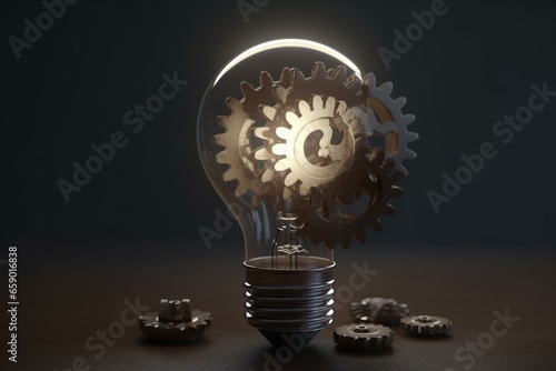 3D figurine idea light bulb with gears. Generative AI