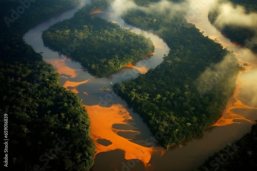 the meeting of the waters of black river and solimões river, amazon river. Generative AI photo