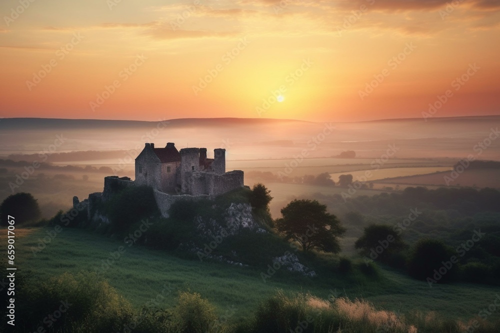 A medieval castle and rural landscape at sunrise. Generative AI