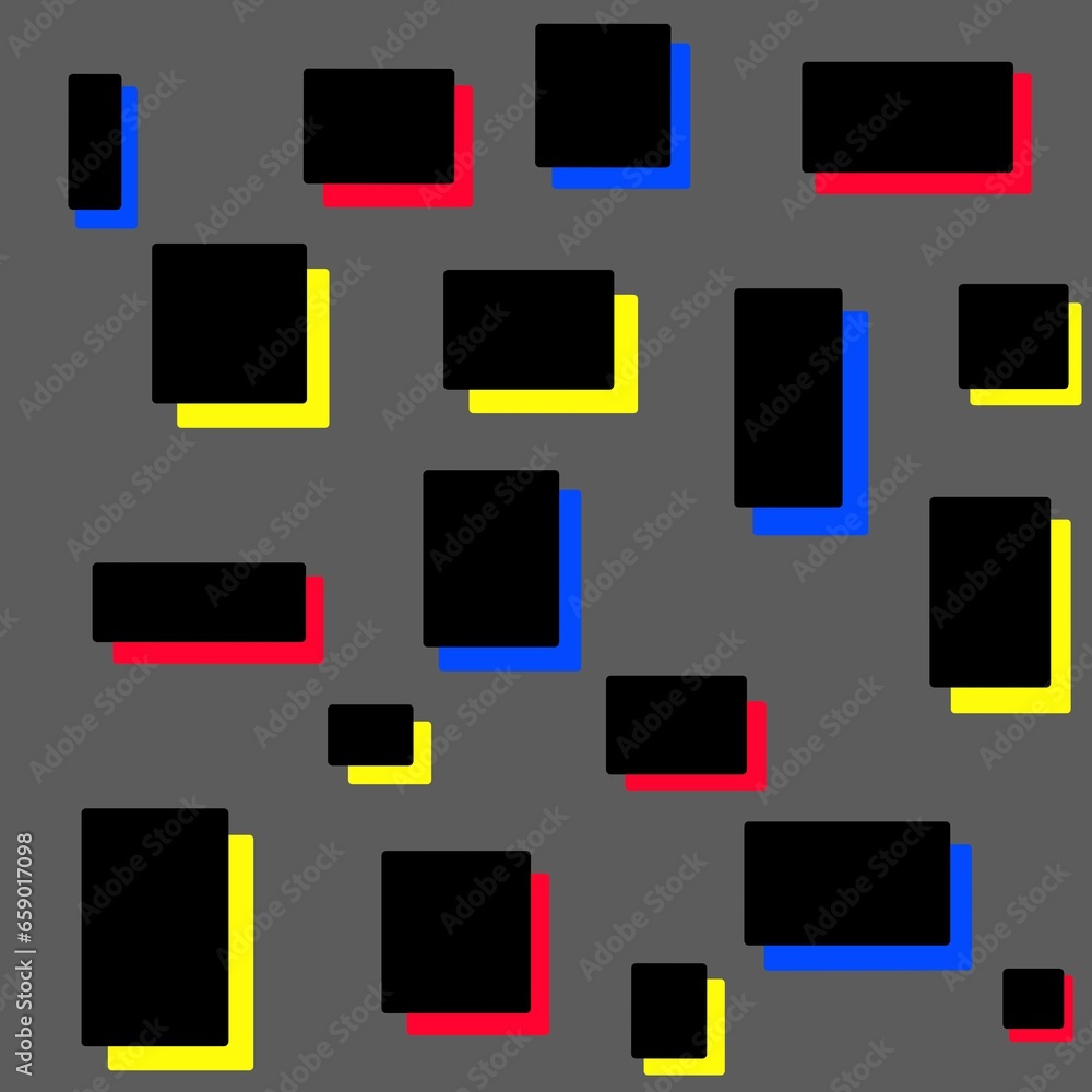 Black rectangles with red, yellow, and blue shadows on gray background Black rectangles with red, yellow, and blue shadows on gray background