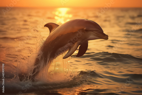 Dolphin over the water on the background of the blue ocean looks at you.