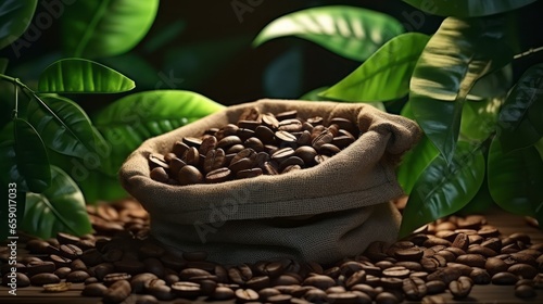 Beautiful light, the vigor of coffee beans, among coffee bushes, open bag with coffee beans slices of green leaves