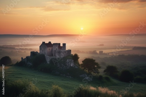 A medieval castle and rural landscape at sunrise. Generative AI