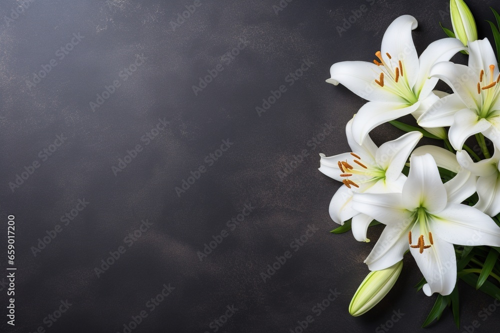 Beautiful white lily flowers on black background with copy space.Funeral Concept Beautiful white lily flowers on black background with copy space.Funeral Concept