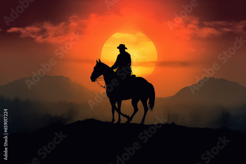 Cowboy silhouette on horse at sunset © terra.incognita