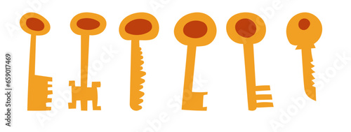 Set of vector carelessly drawn children's golden keys.