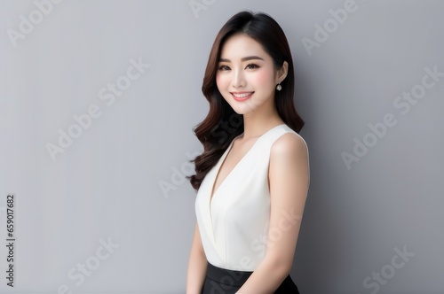 Fashion Portrait of Young asian woman with long black hair style wearing casual linen clothing on grey background © useful pictures