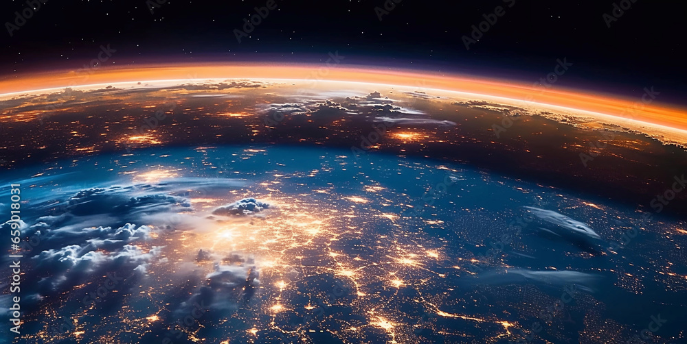 View from space with sunrise and night city through clouds.Wide angle.AI Generative