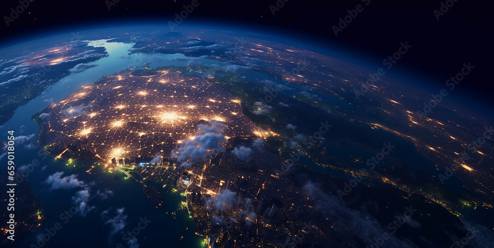 View from space on night city through clouds panoramic angle.AI Generative