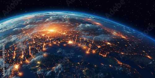 Panoramic view from space on large nigth city with light.Macro.AI Generative