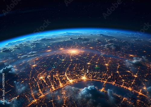 Panoramic view from space on large nigth city with light.Macro.AI Generative