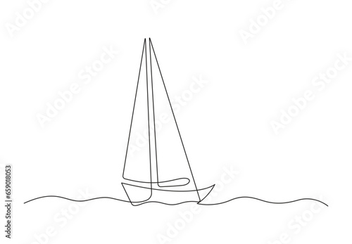 Continuous one line drawing of a sailboat in the sea. Isolated on white background vector illustration. Premium vector.  photo